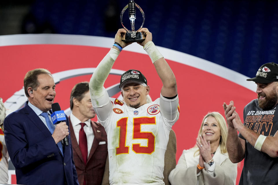 Kansas City Chiefs quarterback Patrick Mahomes holds the Lamar Hunt trophey after an AFC Championship NFL football game against the Baltimore Ravens, Sunday, Jan. 28, 2024, in Baltimore. The Kansas City Chiefs won 17-10. (AP Photo/Alex Brandon)