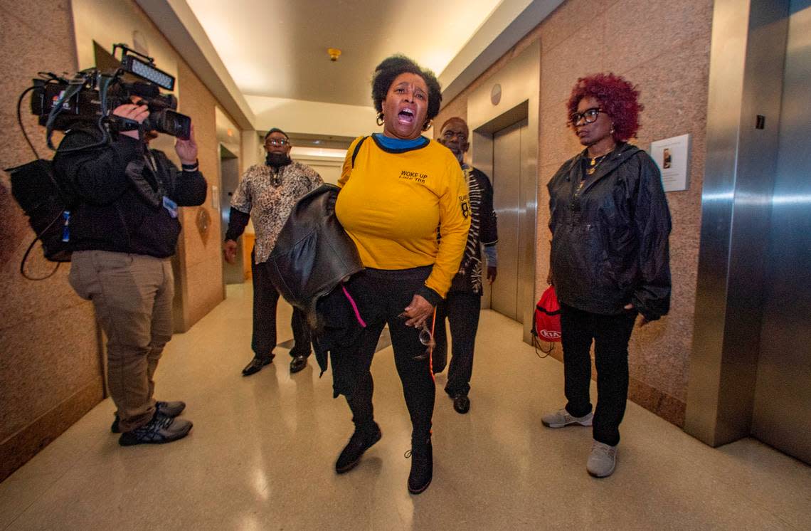 Family friend and community activist Olinka Green reacts screaming, “This is murder,” to the verdict of manslaughter in former Fort Worth police officer Aaron Dean’s trial inside the Tim Curry Criminal Justice Center on Thursday, Dec. 15, 2022.