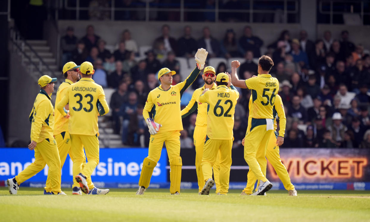 Australia's Mitchell Starc, right, celebrates taking the wicket of England's Will Jacks during the second One Day international match between England and Australia at Headingley, Leeds, Saturday Sept. 21, 2024. (Danny Lawson/PA via AP)