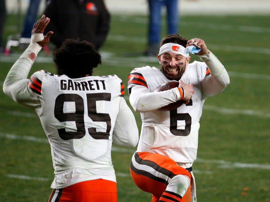 Baker Mayfield and Myles Garrett celebrate against the Pittsburgh Steelers (Getty)