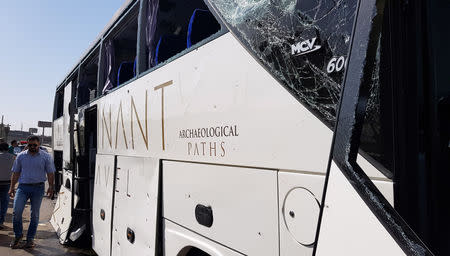 A damaged bus is seen at the site of a blast near a new museum being built close to the Giza pyramids in Cairo, Egypt May 19, 2019. REUTERS/Ahmed Fahmy