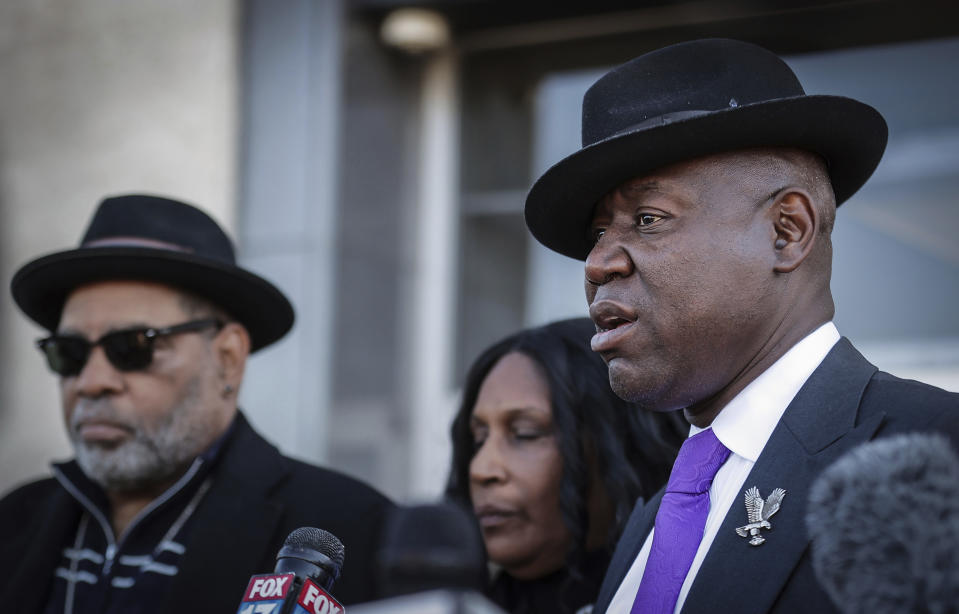 Attorney Ben Crump speaks during a news conference outside of the Odell Horton Federal Building, Nov. 2, 2023, in Memphis Tenn. Former Memphis police officer Desmond Mills pleaded guilty for his role in the death of Tyre Nichols. (Patrick Lantrip/Daily Memphian via AP)