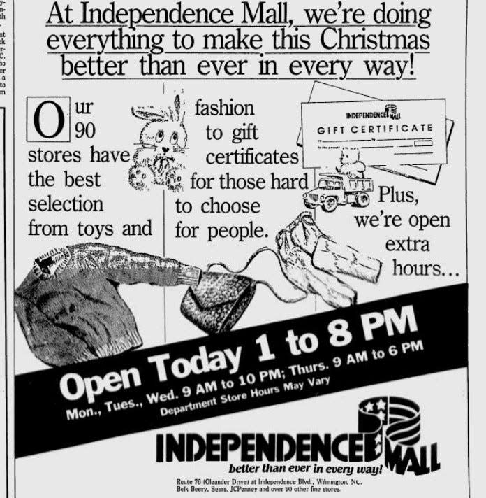 An advertisement for holiday shopping at Independence Mall in Wilmington from Dec. 20, 1987.