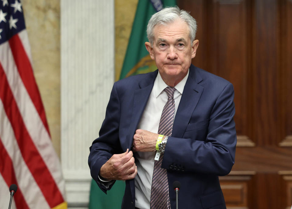 WASHINGTON, DC - JULY 28: Federal Reserve Chairman Jerome Powell arrives for a meeting of the Financial Stability Oversight Council at the U.S. Treasury on July 28, 2023 in Washington, DC. The council met to deliver an update on the Council’s Climate-related Financial Risk Committee and spoke on the transition from LIBOR. (Photo by Kevin Dietsch/Getty Images)