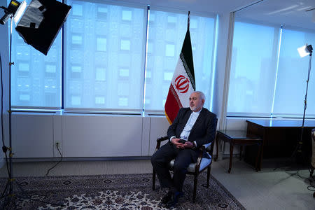 Iran's Foreign Minister Mohammad Javad Zarif sits for an interview with Reuters in New York, New York, U.S. April 24, 2019. REUTERS/Carlo Allegri