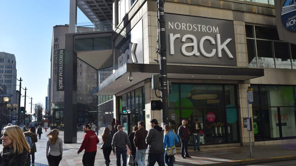 <div>A Nordstrom Rack sign and storefront in the busy Westlake section of downtown Seattle, Wash.</div> <strong>(Getty Images)</strong>