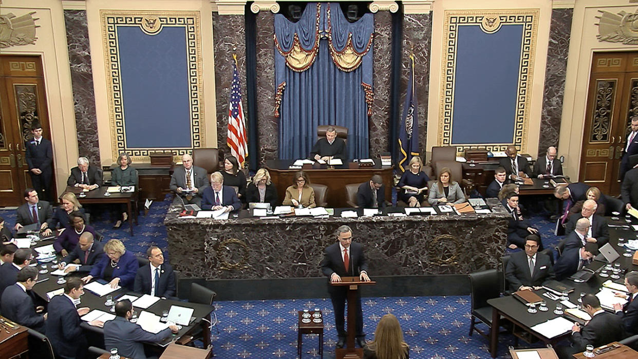 White House counsel Pat Cipollone speaks during closing arguments in the impeachment trial against President Donald Trump in the Senate at the U.S. Capitol in Washington, Monday, Feb. 3, 2020. (Senate Television via AP)