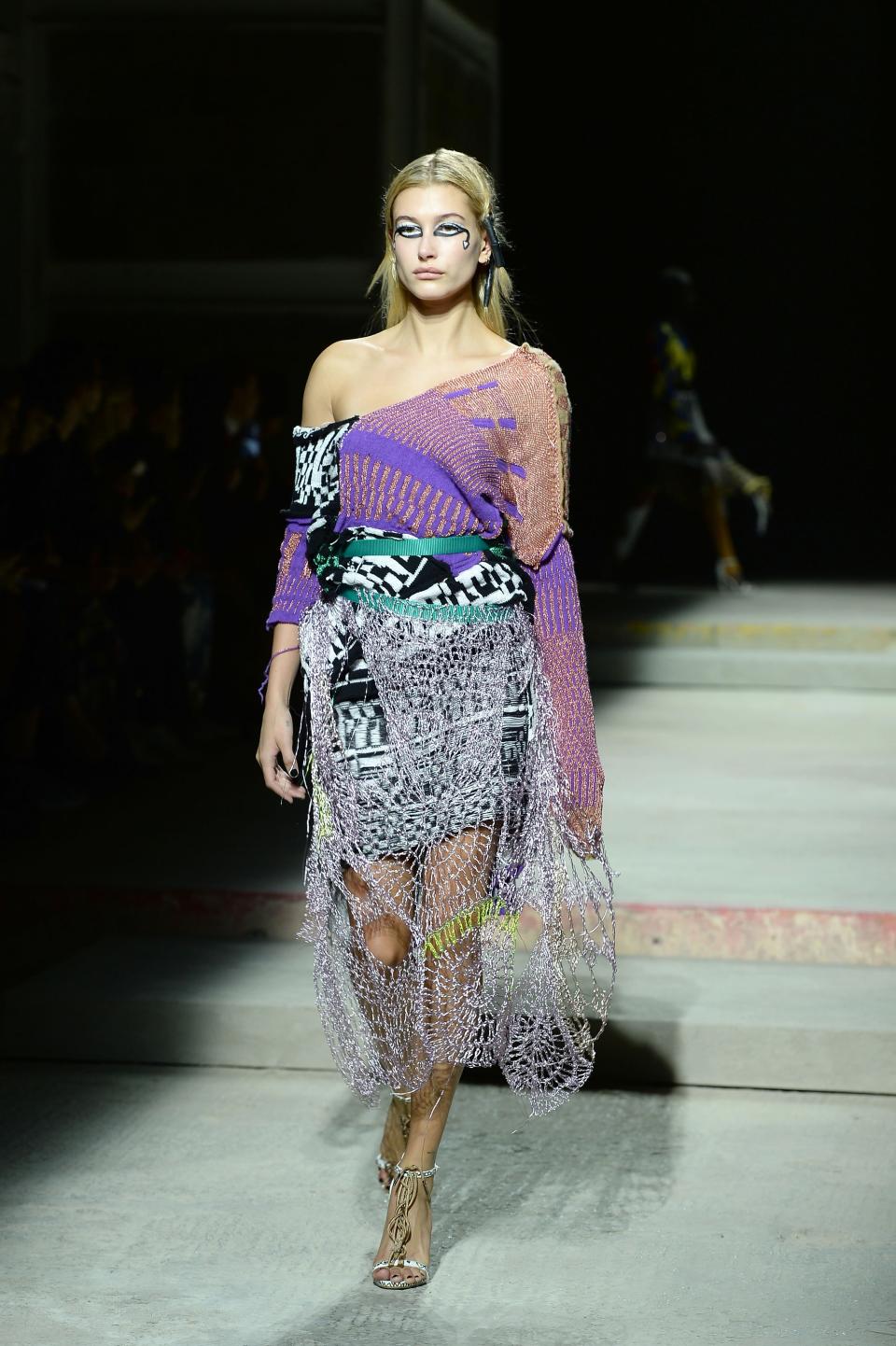 Hailey Baldwin on the Matty Bovan runway. <i>(Photo by Eamonn McCormack/BFC/Getty Images for The British Fashion Council)</i>