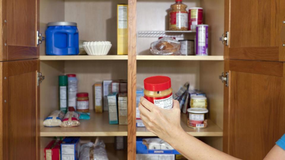 shelving, shelf, plastic, food storage containers, wood stain, paint, bottle, plywood, pantry, cupboard,