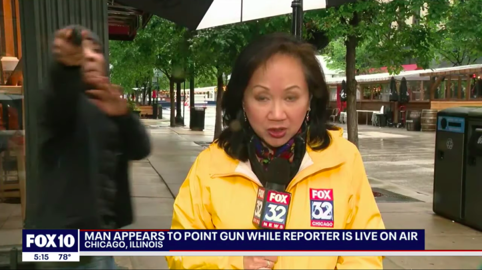 A man jumped behind a Fox News reporter while she was doing a report on the air and pointed what appeared to be a gun at the cameraman and then walked away. (Fox News/video screengrab)