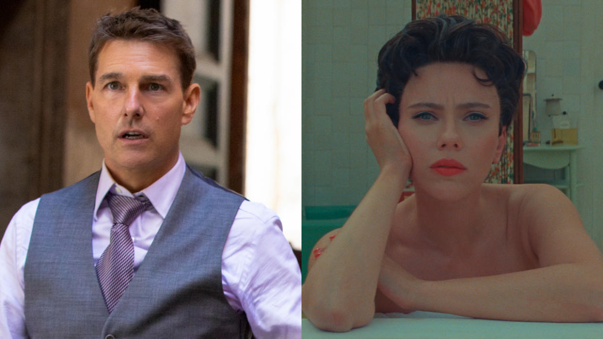  Tom Cruise stands stunned in Mission: Impossible - Dead Reckoning Part One, and Scarlett Johansson leans on a windowsill in thought in Asteroid City, picture side-by-side. 