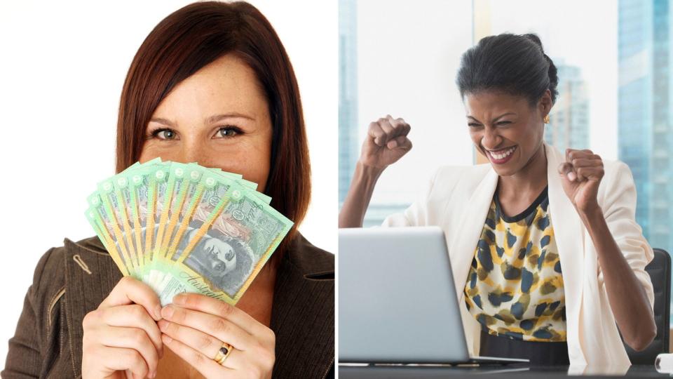 A woman holding a fan of $100 Australian notes on the left, and another woman celebrating in front of a notebook computer on the right.