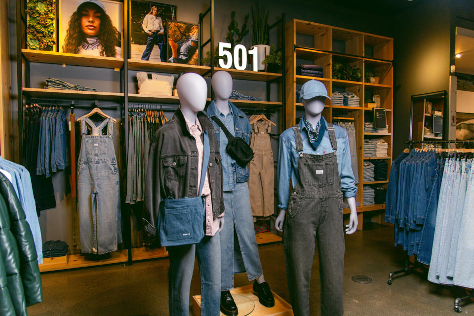 A denim ensemble is displayed at the Levi's flagship store on Market Street in San Francisco on February 1, 2024.  (Marisa Leshnow/The New York Times)