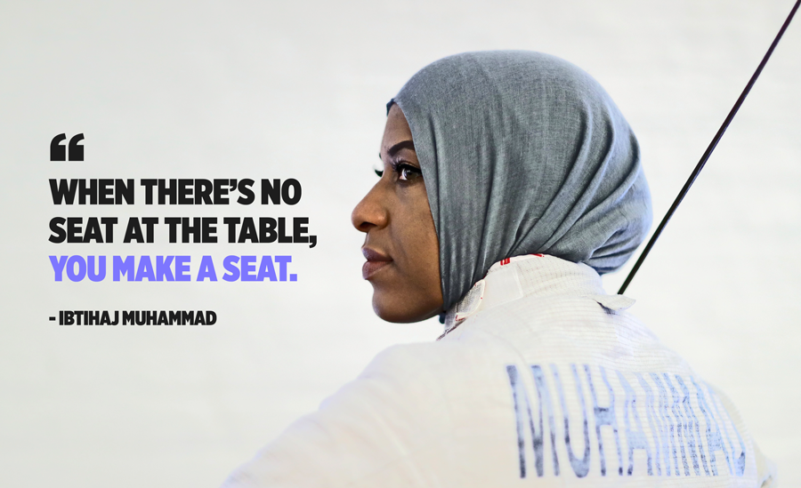 Ibithaj Muhammad doesn’t take her influence as a black Muslim Olympic fencer lightly when it comes to speaking out against racial and religious injustices. (Photo: Getty Images, Art by Quinn Lemmers for Yahoo Lifestyle)