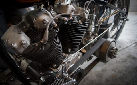 A rebuilt Harley Davidson engine in Ricky Reyes' workshop - Credit: Neville Elder for The Telegraph