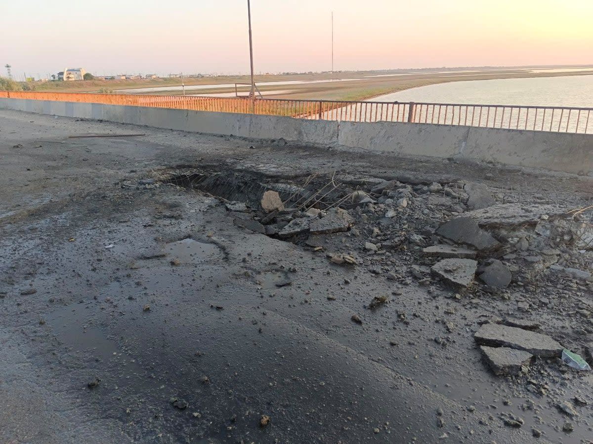 The damaged Chonhar bridge connecting Russian-held parts of Ukraine’s Kherson region to the Crimean Peninsula (via Reuters)