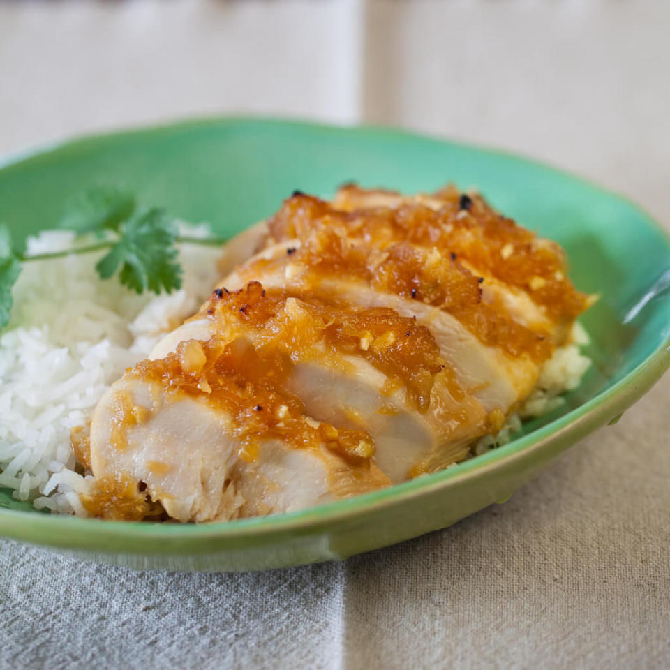 <p>This lighter, healthier take on the traditional Japanese chicken teriyaki dish calls for fresh or canned pineapples to sweeten up your chicken with <a rel="nofollow noopener" href="http://www.redbookmag.com/food-recipes/a42174/i-quit-sugar/" target="_blank" data-ylk="slk:minimal sugar;elm:context_link;itc:0;sec:content-canvas" class="link ">minimal sugar</a>.</p><p><strong>Get the recipe at <a rel="nofollow noopener" href="http://steamykitchen.com/24191-pineapple-chicken-teriyaki-recipe-video.html" target="_blank" data-ylk="slk:Steamy Kitchen;elm:context_link;itc:0;sec:content-canvas" class="link ">Steamy Kitchen</a>.</strong></p>