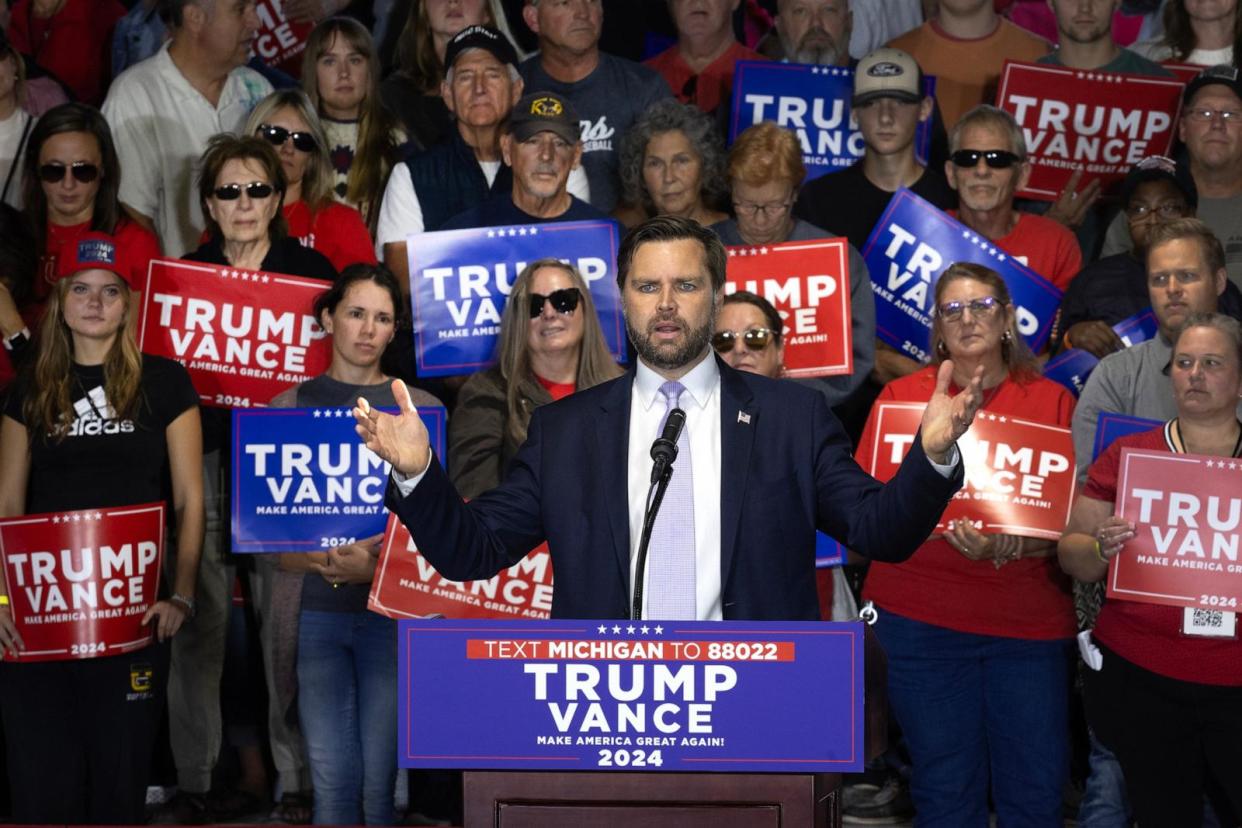 PHOTO: Republican vice presidential nominee Sen. JD Vance speaks to supporters during a campaign event at the Northwestern Michigan Fair grounds on Sept. 25, 2024, in Traverse City, Michigan.  (Scott Olson/Getty Images)