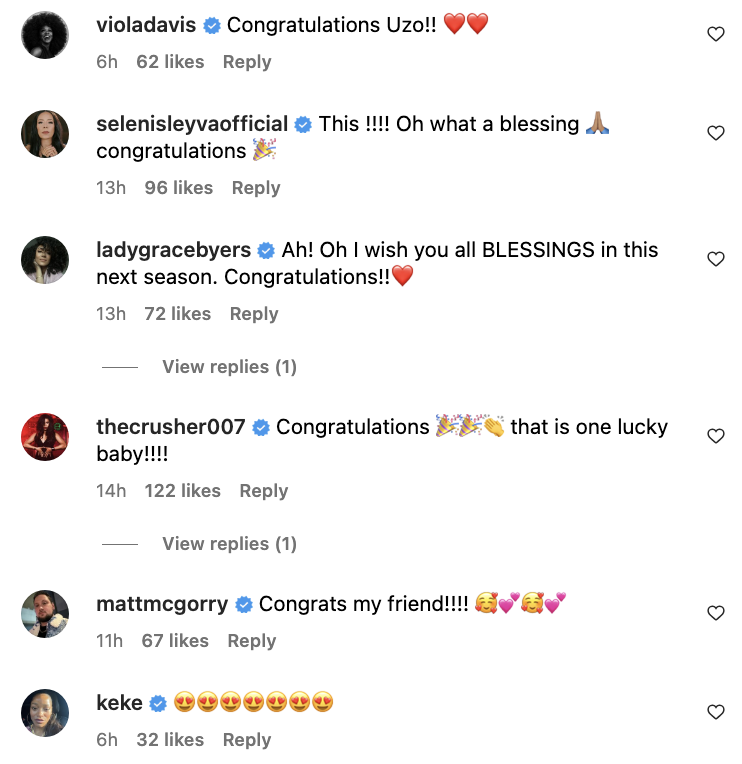 Well-wishes from celebrities like Viola Davis and Keke Palmer on Uzo Aduba's pregnancy announcement post