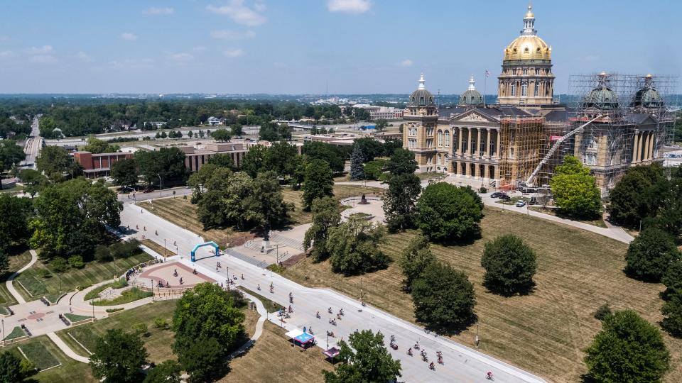 RAGBRAI passes the Iowa Capitol enroute to downtown Des Moines on Wednesday, Day 4 of the 50th anniversary ride.