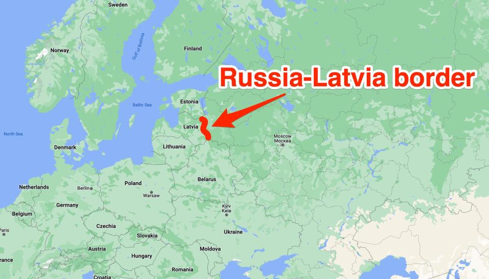 A map showing the border between Latvia and Russia.