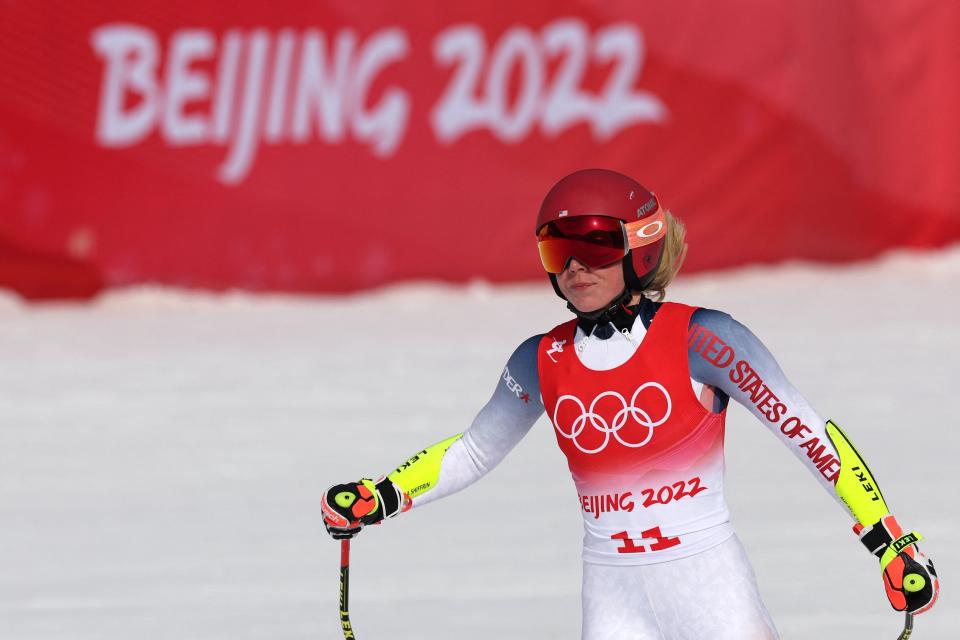 Team USA's Mikaela Shiffrin reacts after competing in the women's super-G final during the Beijing 2022 Winter Olympic Games (AFP via Getty Images)