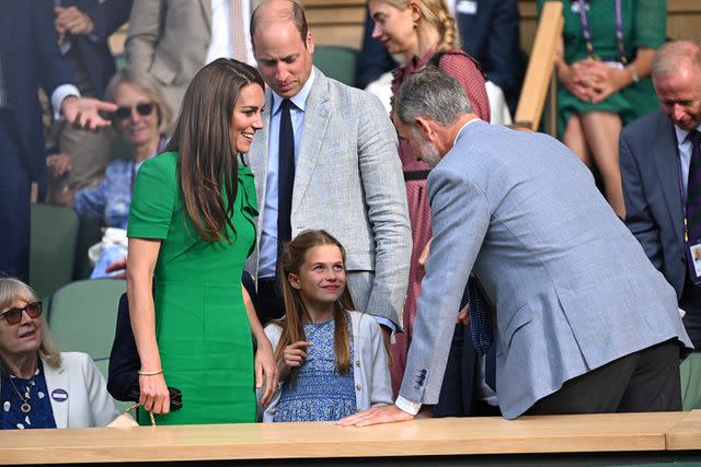 <p>Karwai Tang/WireImage</p> Kate Middleton, Princess Charlotte and King Felipe at Wimbledon on July 16