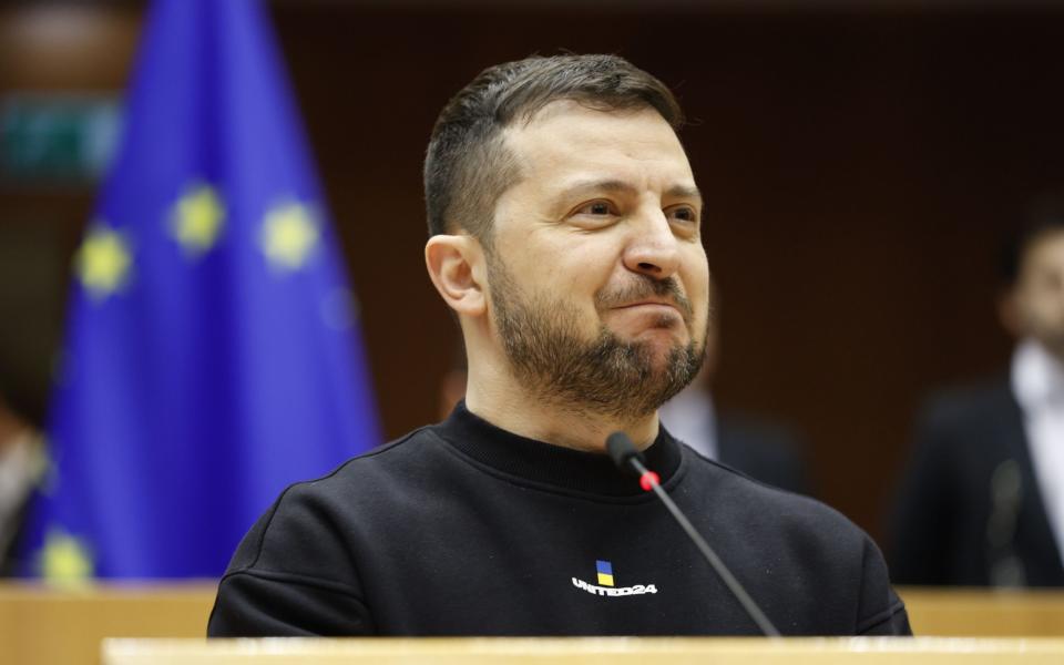 Ukraine's President Volodomyr Zelensky delivers an address to members of the European Parliament - JULIEN WARNAND/EPA-EFE/Shutterstock/Shutterstock