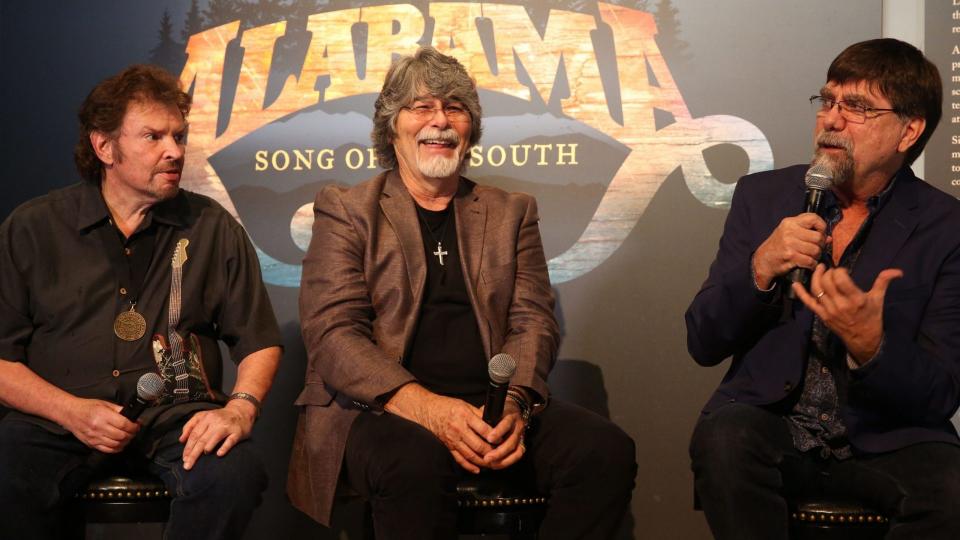 Mandatory Credit: Photo by Laura Roberts/Invision/AP/Shutterstock (9202216f)From left, artists Jeff Cook, Randy Owen and Teddy Gentry of Alabama speak at a press conference at the exhibit opening of "Alabama: Song of the South" at the Country Music Hall of Fame and Museum, in Nashville, TennAlabama Press Conference, Nashville, USA - 22 Aug 2016.