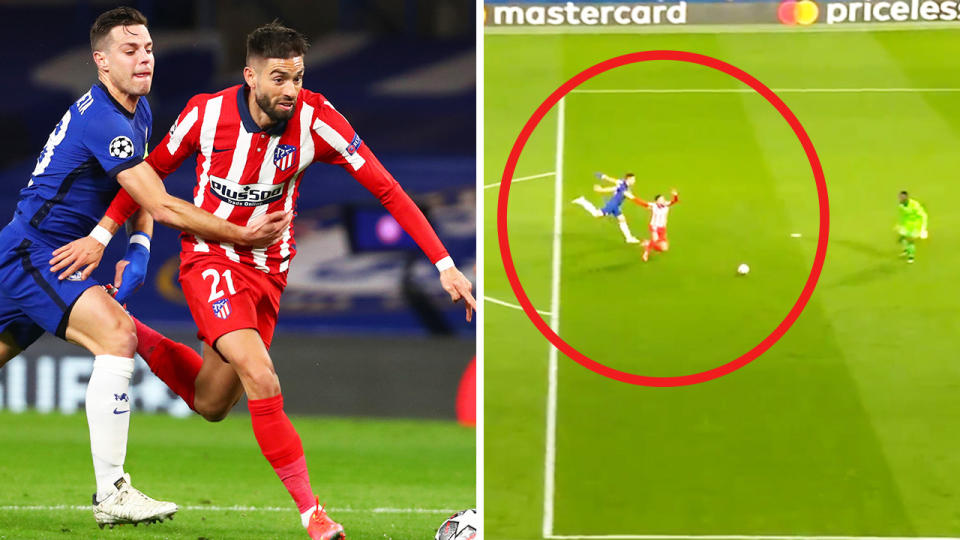 Yannick Carrasco (pictured right) going down in the box under a dubious challenge (pictured left) from César Azpilicueta.