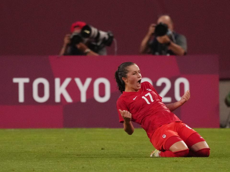 Canada's Jessie Fleming celebrates her goal against the USWNT.