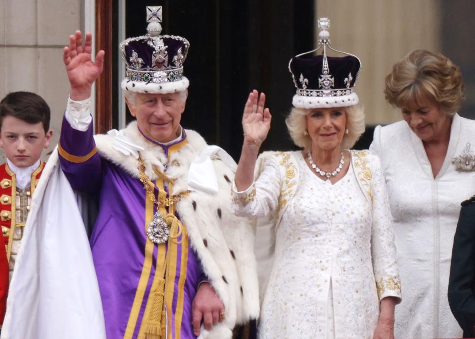 london, england may 06 king charles iii and queen camilla can be seen on the buckingham palace balcony ahead of the flypast during the coronation of king charles iii and queen camilla on may 06, 2023 in london, england the coronation of charles iii and his wife, camilla, as king and queen of the united kingdom of great britain and northern ireland, and the other commonwealth realms takes place at westminster abbey today charles acceded to the throne on 8 september 2022, upon the death of his mother, elizabeth ii photo by dan kitwoodgetty images