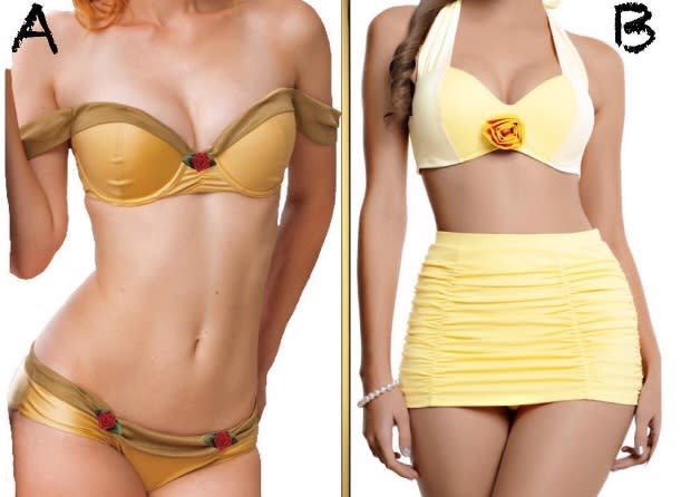 <p>Algunos modelos tienen alternativas de estilo, para quienes gustan ser más o menos reveladoras a la hora de lucir un bikini. En este caso, ambas opciones mantienen el característico color y formato del vestido original de la princesa en cuestión, ‘Bella’. </p>