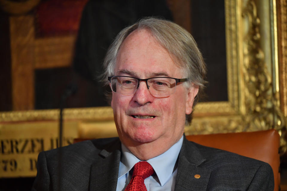 Chemistry Laureate Stanley Whittingham attends a press conference at the Royal Swedish Academy of Sciences in Stockholm, Sweden Saturday, Dec. 7, 2019. (Jonas Ekstromer /TT News Agency via AP)