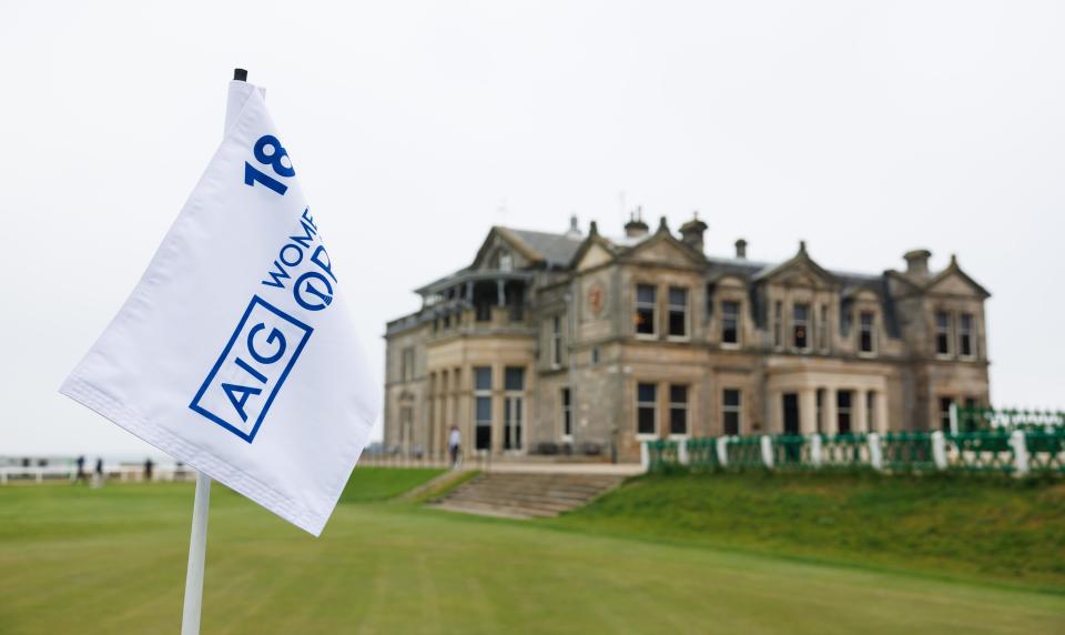 ST ANDREWS, SCOTLAND - MAY 13: General view of an AIG branded pin flag during an AIG Women's Open Media Day at St Andrews Old Course on May 13, 2024 in St Andrews, Scotland. (Photo by Ross Parker/R&A/R&A via Getty Images)