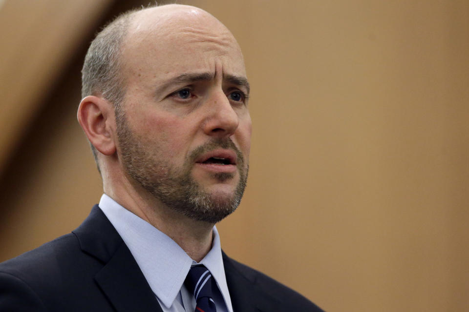 FILE - Andrew Lelling, U.S. Attorney for Massachusetts, addresses an audience, Wednesday, Feb. 21, 2018, at federal court, in Boston. Baker's decision not to seek a third term has sparked a scramble among potential successors in a suddenly wide-open race. Possible GOP candidates include former U.S. Attorney Andrew Lelling. (AP Photo/Steven Senne, File)