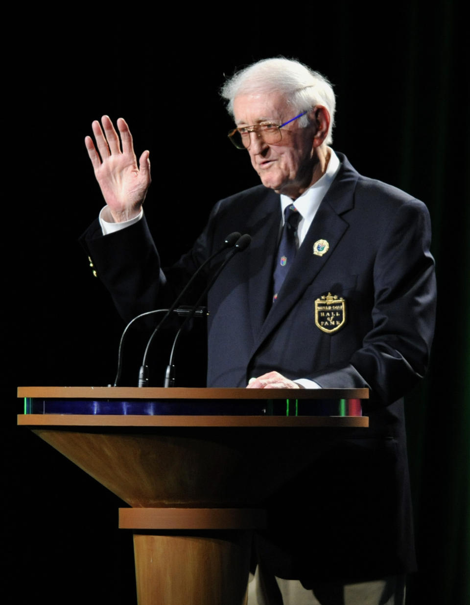 FILE - In this May 7, 2012, file photo, sports writer Dan Jenkins speaks after receiving the lifetime achievement award during the World Golf Hall of Fame inductions at World Golf Village in St. Augustine, Fla. Jenkins, the sports writing great and best-selling author known for his humor, has died. He was 89. TCU athletic director Jeremiah Donati confirmed Jenkins died Thursday, March 7, 2019, in his hometown of Fort Worth, Texas. (Will Dickey/The Florida Times-Union via AP)