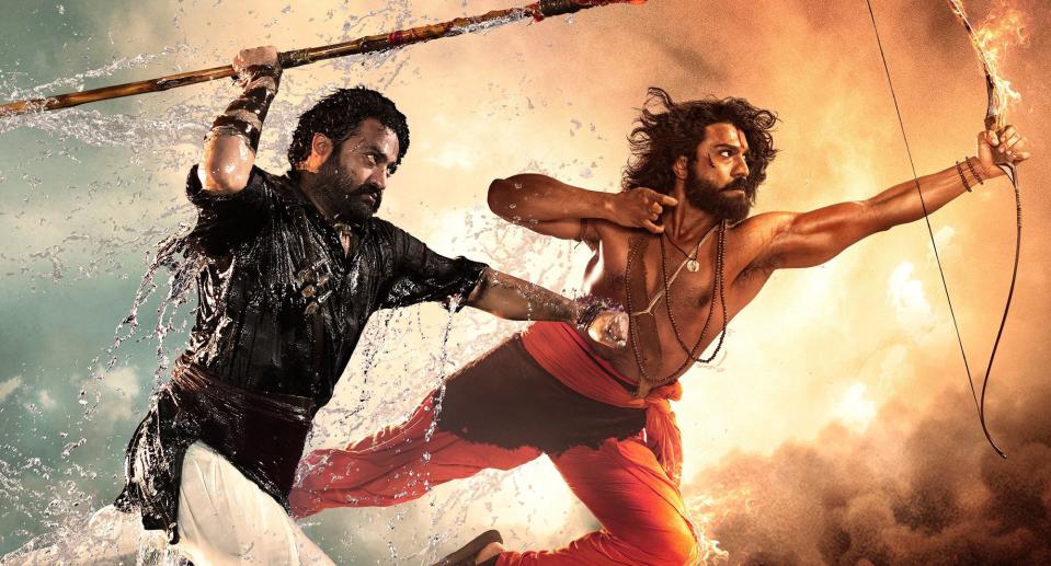 (L-R) N.T. Rama Rao Jr. and Ram Charan appear in a promotional image for writer-director S.S. Rajamouli's "RRR." The record-breaking Telugu-language action epic screened at Athens Ciné on June 1, 2022.