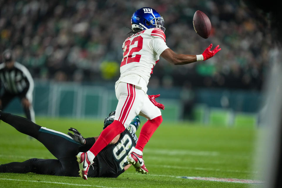 New York Giants cornerback Adoree' Jackson intercept a pass intended for Philadelphia Eagles tight end Dallas Goedert during the second half of an NFL football game Monday, Dec. 25, 2023, in Philadelphia. (AP Photo/Matt Rourke)