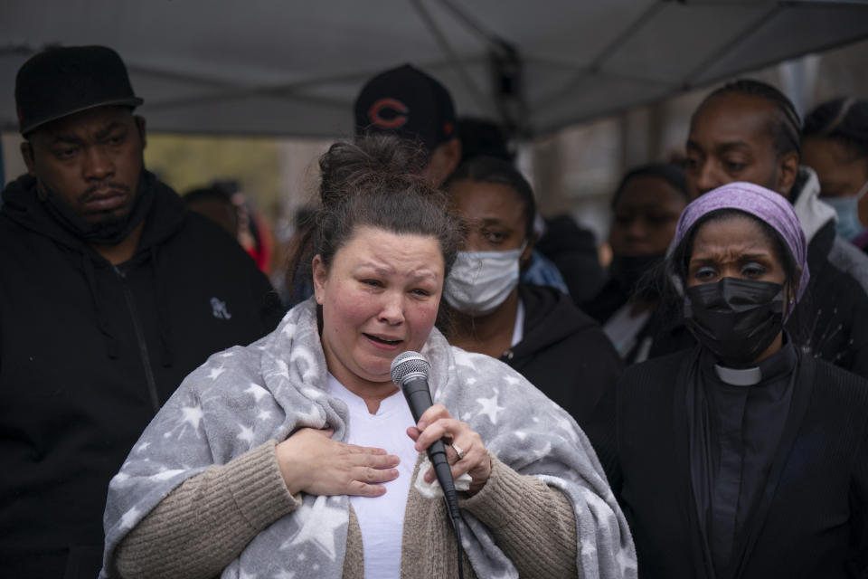 Daunte Wright's mother, Katie, eulogizes her son at his vigil, Monday, April 12, 2021, as the community responded to the police killing of 20-year-old Wright, with hundreds joining his family at the location on 63 Ave. N. in Brooklyn Center, Minn., where he was killed. (Jeff Wheeler/Star Tribune via AP)