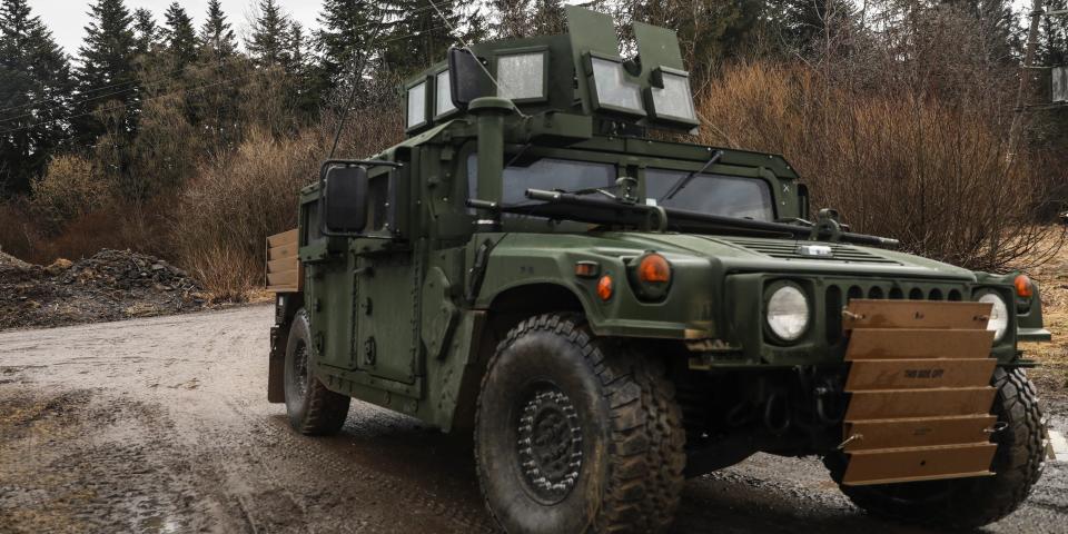 Humvee truck is seen near the temporary military base for U.S. troops established at the Arlamow Airport. Wola Korzeniecka, the Podkarpackie Voivodeship, Poland on February 23, 2022.