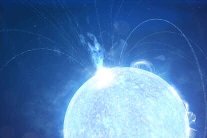 Artwork depicting a magnetar superflare, an eruption of epic energy from the surface of a neutron star. Credit: NASA/GSFC