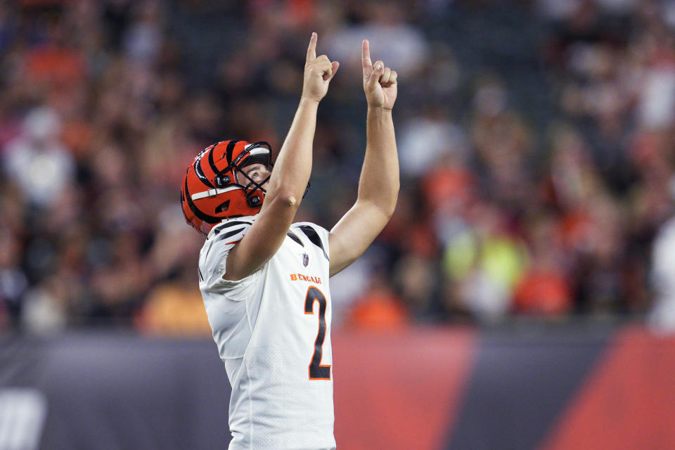 Cincinnati Bengals place-kicker Evan McPherson celebrates a field goal during the second quarter against the Arizona Cardinals in an NFL football preseason game in Cincinnati, Friday, Aug. 12, 2022. (AP Photo/Jeff Dean)