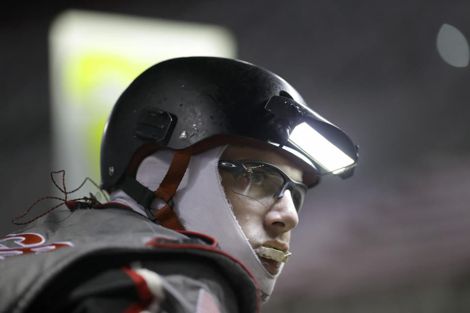 A member of the pit crew for Myatt Snider watches during NASCAR Xfinity Series auto race at Bristol Motor Speedway Monday, June 1, 2020, in Bristol, Tenn. (AP Photo/Mark Humphrey)