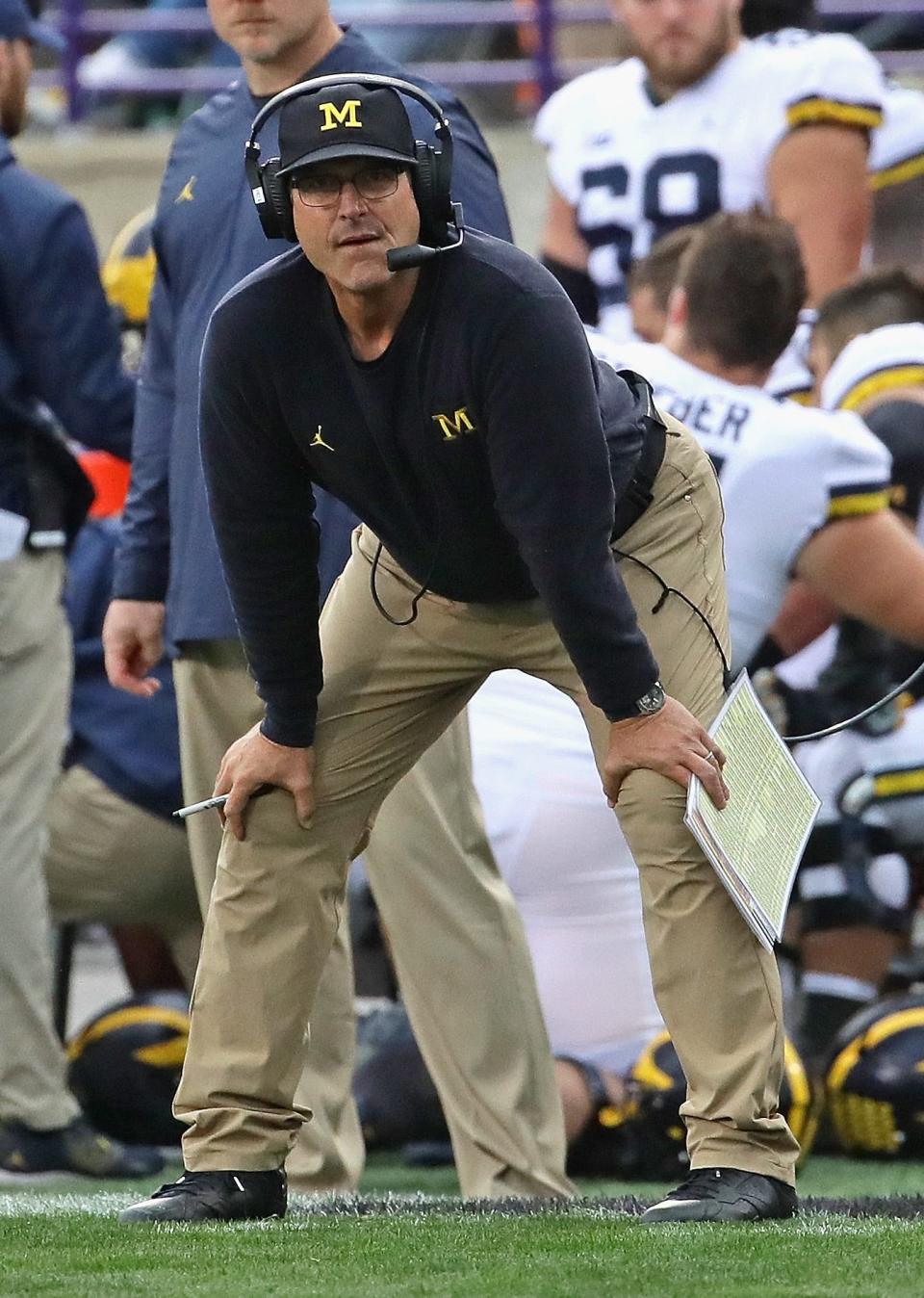 Michigan coach Jim Harbaugh watches as his team takes on Northwestern at Ryan Field on Sept. 29, 2018 in Evanston, Ill.