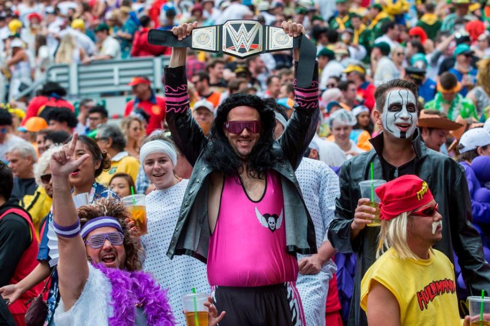 Fans dressed up in costumes pack the South Stand of Hong Kong Stadium early on the second day of the Hong Kong Sevens rugby tournament on April 7, 2018.<span class="copyright">Isaac Lawrence—AFP/Getty Images</span>