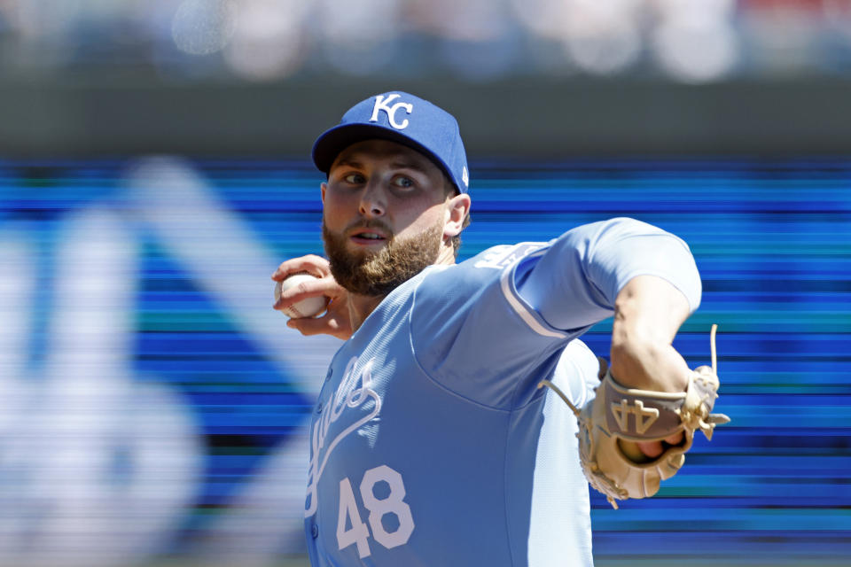 Kansas City Royals pitcher Alec Marsh delivers from the mound during the first inning of a baseball game against the Chicago White Sox in Kansas City, Mo., Sunday, April 7, 2024. (AP Photo/Colin E. Braley)