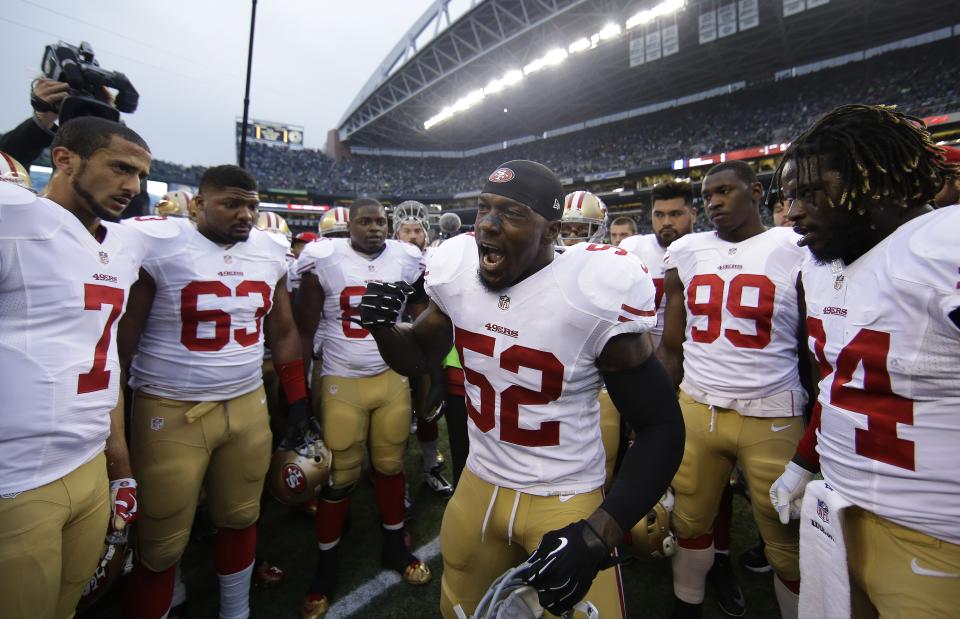 Patrick Willis, shown here in 2014, is a semifinalist for the Pro Football Hall of Fame Class of 2020. (AP/Matt Slocum) 