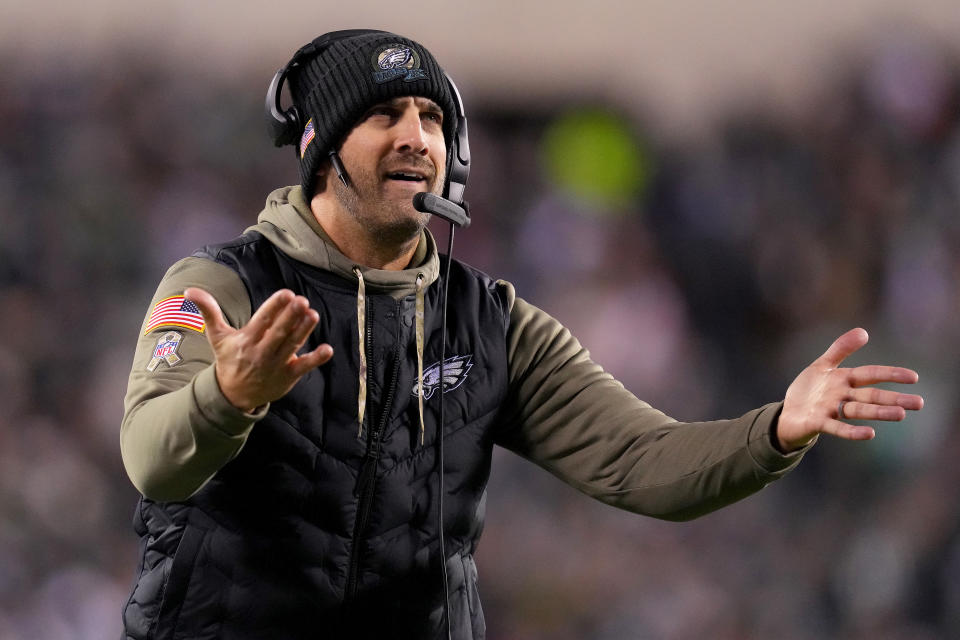 Eagles coach Nick Sirianni wasn't happy with a missed call against Washington during Monday night's loss to the Commanders. (Photo by Mitchell Leff/Getty Images)