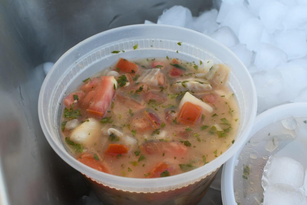 Ceviche can be made with a variety of seafood, said Alex Porras, owner of POME. He made the ceviche he sold at the Cabrini Farmers Market Saturday in Alexandria with tilapia because it's a mild tasting fish. He marinated the fish overnight in lime juice then added onions, cilantro and tomatoes.
